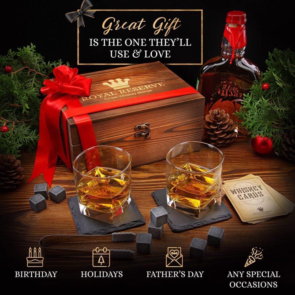 Whiskey Stones Gift Set by Royal Reserve, Artisan Crafted Scotch Bourbon Glasses, Chilling Rocks, Coasters and Tongs – Whiskey Gifts for Men Dad Boyfriend Anniversary or Retirement Whiskey Stones Gift Set by Royal Reserve, Artisan Crafted Scotch Bourbon Glasses, Chilling Rocks, Coasters and Tongs – Whiskey Gifts for Men Dad Boyfriend Anniversary or Retirement