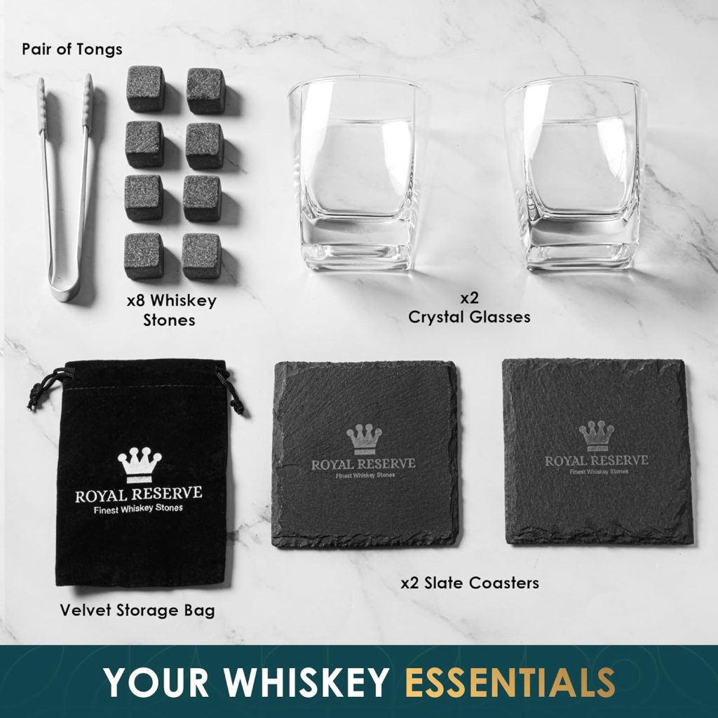 Whiskey Stones Gift Set by Royal Reserve, Artisan Crafted Scotch Bourbon Glasses, Chilling Rocks, Coasters and Tongs – Whiskey Gifts for Men Dad Boyfriend Anniversary or Retirement Whiskey Stones Gift Set by Royal Reserve, Artisan Crafted Scotch Bourbon Glasses, Chilling Rocks, Coasters and Tongs – Whiskey Gifts for Men Dad Boyfriend Anniversary or Retirement