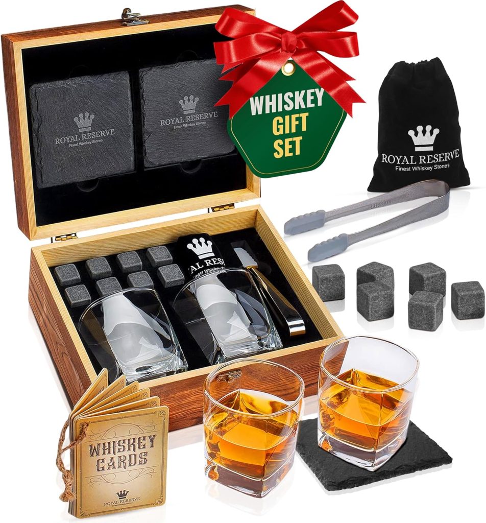 Whiskey Stones Gift Set by Royal Reserve, Artisan Crafted Scotch Bourbon Glasses, Chilling Rocks, Coasters and Tongs – Whiskey Gifts for Men Dad Boyfriend Anniversary or Retirement Whiskey Stones Gift Set by Royal Reserve, Artisan Crafted Scotch Bourbon Glasses, Chilling Rocks, Coasters and Tongs – Whiskey Gifts for Men Dad Boyfriend Anniversary or Retirement