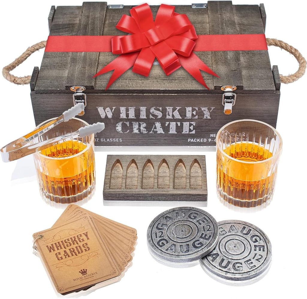 Bullet Whiskey Stones Gift Set by Royal Reserve | Artisan Crafted Chilling Rocks Scotch Bourbon Glasses and Coasters – Gift for Ranger Police Hunter Guy Men Dad Boyfriend Anniversary or Retirement