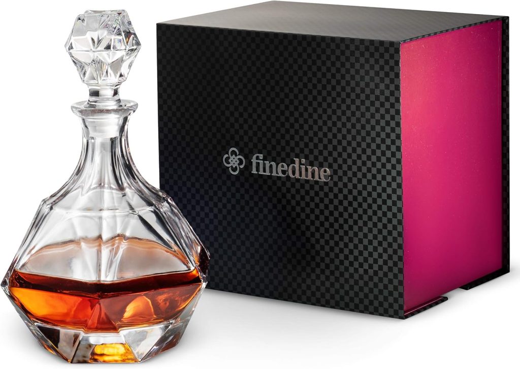 FineDine European Style Glass Whiskey Decanter  Liquor Decanter with Glass Stopper, 30 Oz.- With Magnetic Gift Box - Aristocratic Exquisite Diamond Design - Glass Decanter for Alcohol Bourbon Scotch.