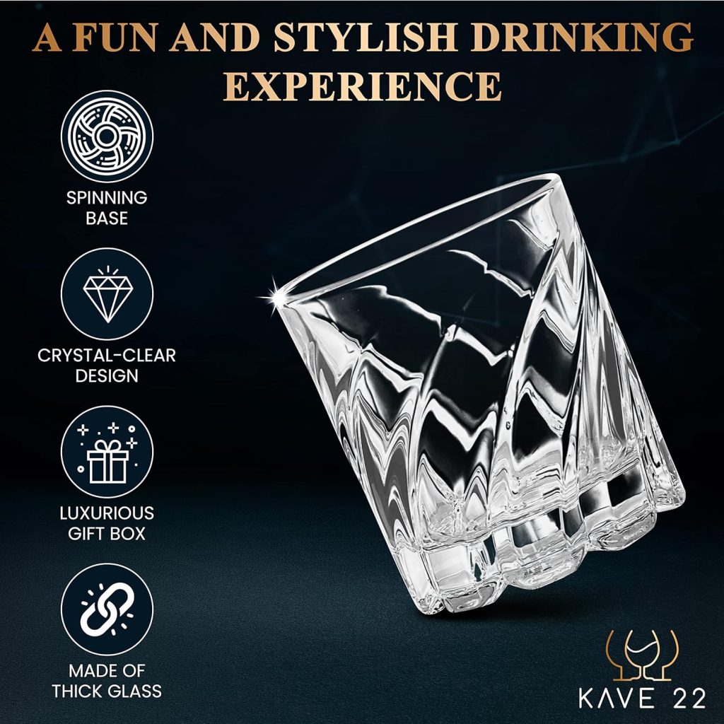 KAVE 22 Spinning Whiskey Glasses - Elegant Bourbon Glasses with Ice Ball Mold - Thick, Scotch Glasses Set of 4 - Luxurious Gift for Whisky Enthusiasts, Old-Fashioned Rotating Glass