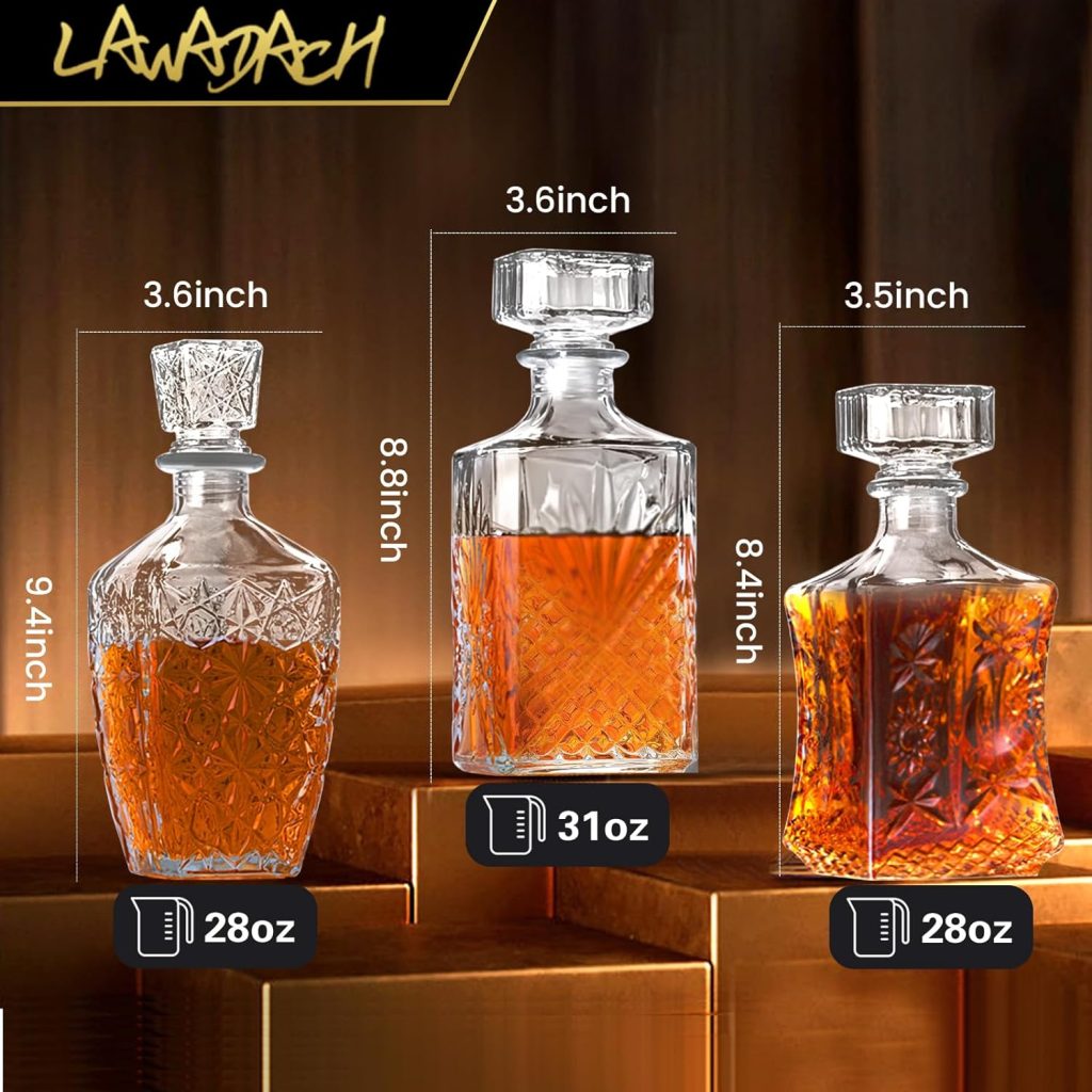 LAWADACH Liquor Decanters Whiskey Decanter Set of 3 Glass Alcohol Bottle for Tequila, Brandy and Vodka Unique Liquor Bar and Party Decorations (28oz*2, 31oz*1)