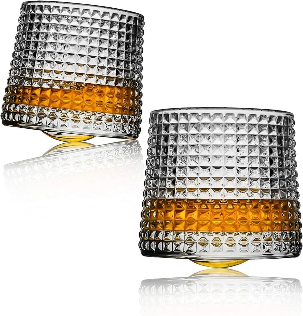 LOVWISH Spinning Old Fashioned Whiskey Glasses, set of 2 rocks glasses - bar glasses for drinking bourbon, scotch, cocktails, cognac, tequila, irish, brandy