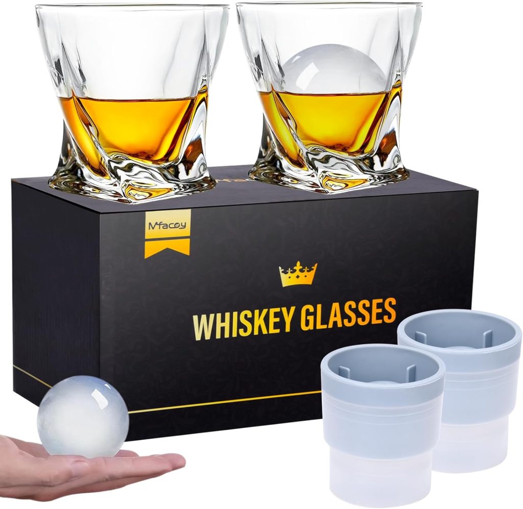 Mfacoy Old Fashioned Whiskey Glasses Set of 4 (2 Crystal Bourbon Glasses, 2 Round Big Ice Ball Molds 11 Oz Rocks Glass with Gift Box, Barware for Scotch Cocktail Rum Vodka Liquor, Gifts for Men