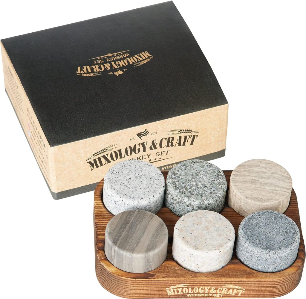 Mixology  Craft Whiskey Stones Set - 6 Circular Granite Bourbon Chilling Rocks - Great Whiskey Gifts for Men, Fathers, Groomsmen Gifts