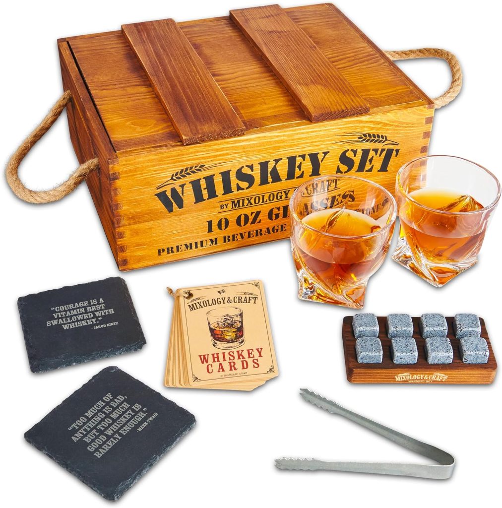 Mixology Whiskey Gift Set, Whiskey Glass Set with Rustic Wooden Crate, 8 Granite Whiskey Rocks Chilling Stones, 10oz Whiskey Glasses, Gift for Men, Dad, Husband, Boyfriend - Jameson Brown
