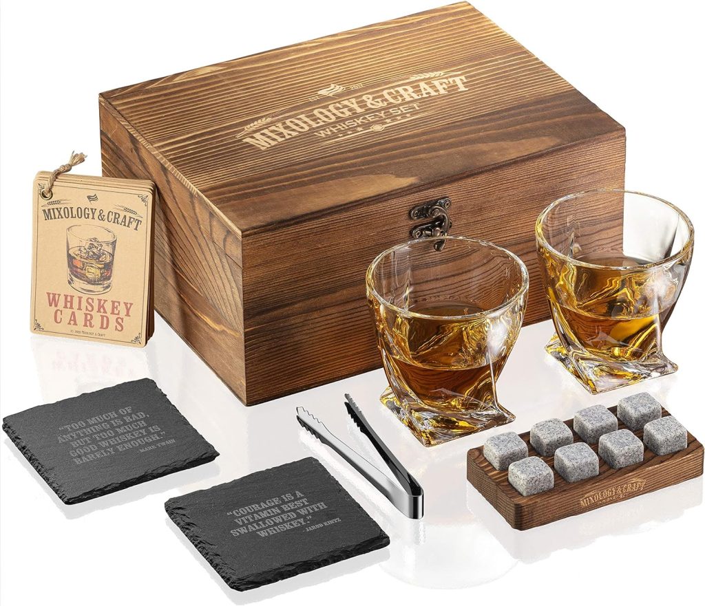 Mixology Whiskey Stones Gift Set for Men - Pack of 2, 10 oz Whiskey Glasses w/ 8 Granite Chilling Rocks, 2 Coasters, Metal Tong  Cocktail Cards in Wooden Box - Twist