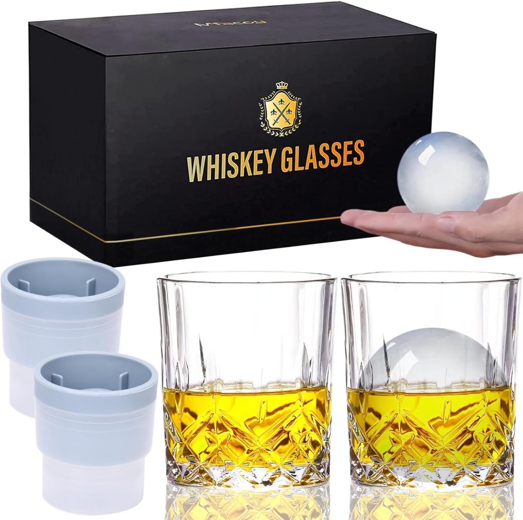 Qipecedm Old Fashioned Whiskey Glasses, Set of 4 (2 Crystal Bourbon Glasses, 2 Round Big Ice Ball Molds) In Gift Box - 11 Oz Rocks Glass, Barware for Scotch Cocktail Rum Vodka Liquor, Gifts for Men