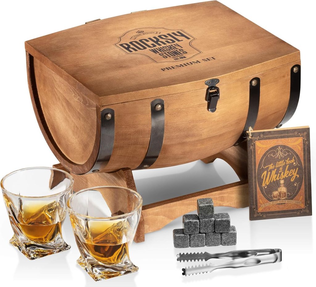 ROCKSLY Whiskey Stones Gift Set for Men in Whiskey Half Barrel Gift Box | 8 Whiskey Rocks, 2 Whiskey Glasses in a Whiskey Box Gift Set | Granite Bourbon Stones | Whiskey Kit for Men: Dad, Boyfriend