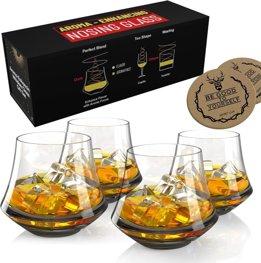 SPIRIT LUX Aroma Enhancing Bourbon Whiskey Glasses Gifts Set of 4 - Scotch whisky Premium Crystal Rock Glasses- Unique favor enhancing favor - small lowball glasses gift set for husband/Father