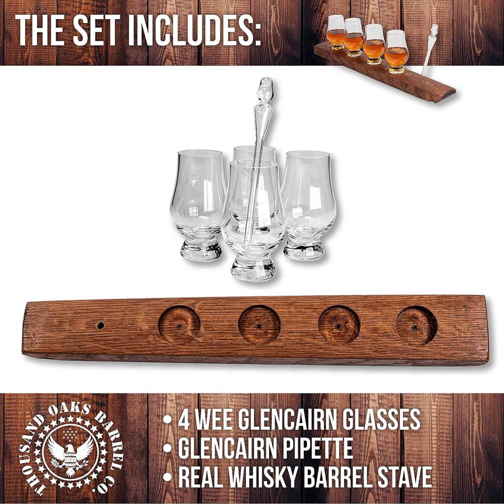 The Wee Glencairn Whiskey Flight Stave - Crystal Bourbon Glass Kit with Reclaimed Oak Barrel Stave, Mini Glencairn Whisky Glass Set of 4  Whiskey Glass Pipette Dropper