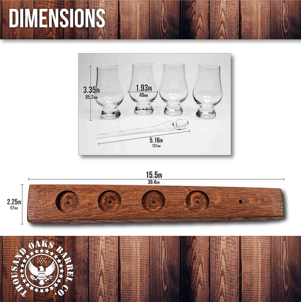 The Wee Glencairn Whiskey Flight Stave - Crystal Bourbon Glass Kit with Reclaimed Oak Barrel Stave, Mini Glencairn Whisky Glass Set of 4  Whiskey Glass Pipette Dropper