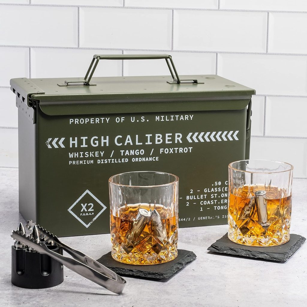 Titan LSO Whiskey Glasses and Whiskey Stones in Unique Tactical Box Display | Ideal Groomsme/ Whiskey Gifts for Men | Bourbon Cocktail Glasses, Coasters and Tongs