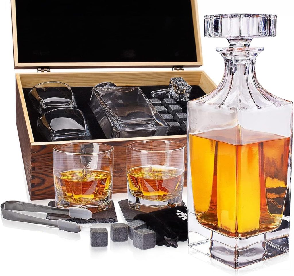 Whiskey Decanter Gift Set by Royal Reserve – Artisan Crafted Liquor Bourbon Decanter with Glasses, Chilling Stones, Coasters and Tong – Christmas Gifts for Men, Husband, Dad, Friend