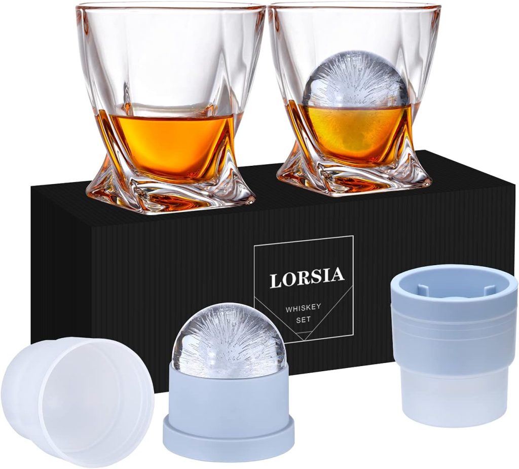 Whiskey Rocks Glass, Set of 4 (2 Crystal Bourbon Glasses, 2 Round Big Ice Ball Molds) In Gift Box - 11 Oz Old Fashioned Glasses for Scotch Cocktail Rum Cognac Vodka Liquor, Unique Gifts for Men