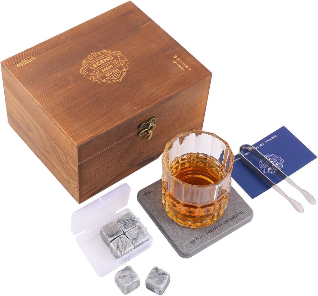 Whiskey Stones and Whiskey Glass Gift Set, Pack of 6 Whiskey Stones with Old Fashion Whiskey Glass, Absorbent Drink Coaster and Stainless Steel Tong, Man/Myth/Legend, Gift for Father/Husband - Aiizun