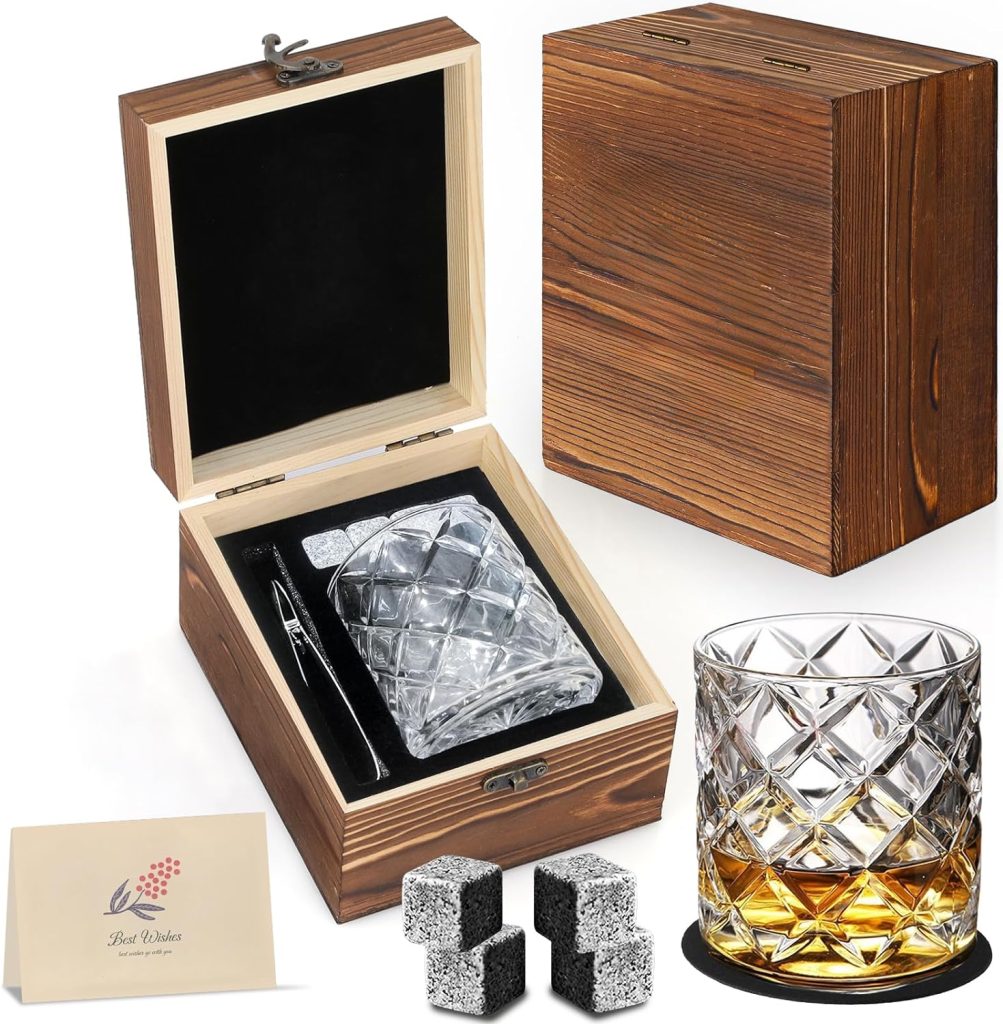 Whiskey Stones Gift Set - Bourbon Stones Gift for Men - 4 Granite Chilling Whiskey Rocks - Whiskey Glass and Stones Set - Drinking Gifts for Men Dad Husband Birthday Fathers Day Groomsmen Gifts