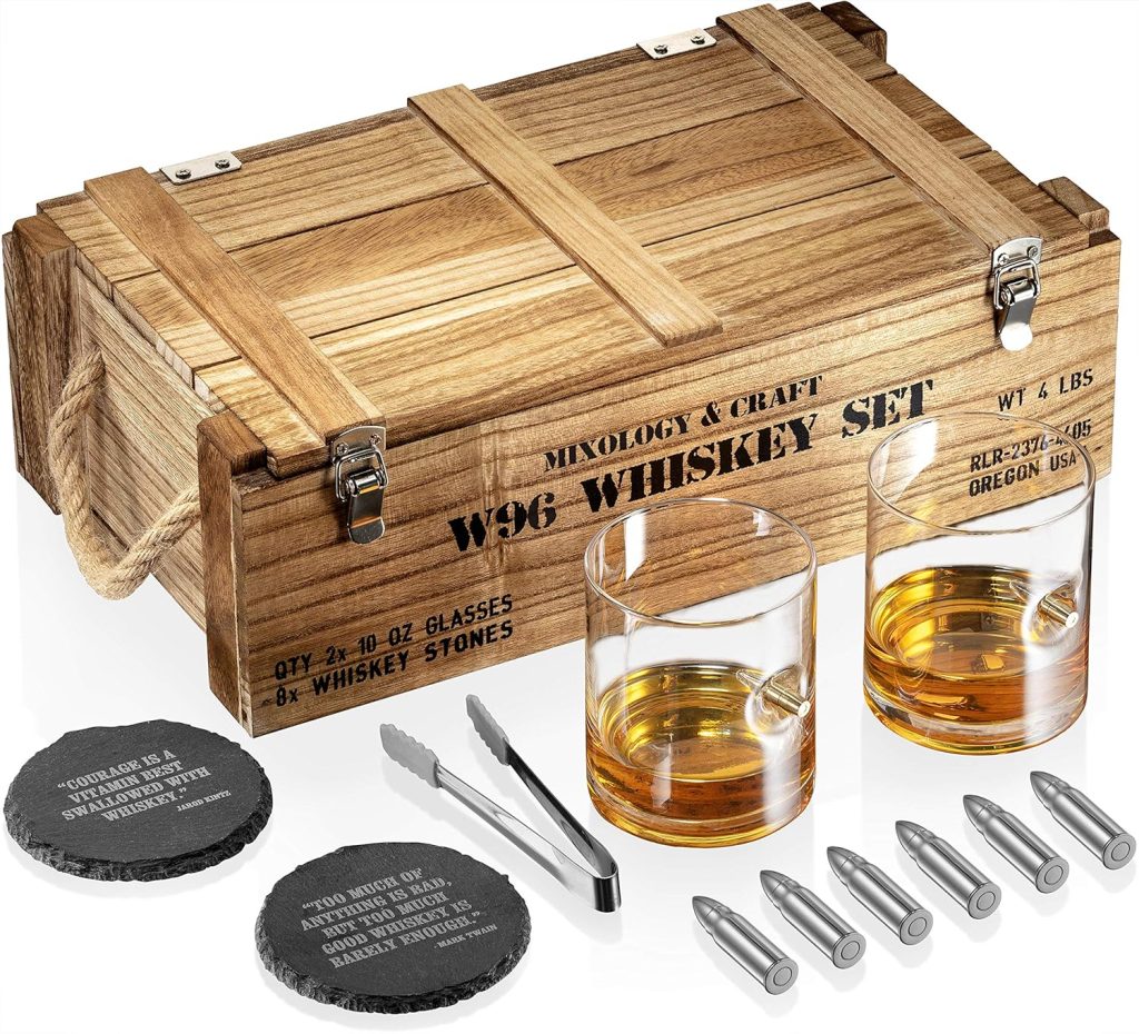 Whiskey Stones Gift Set for Men | Whiskey Glass and Stone Set with Wooden Army Crate, 6 Stainless Steel Whiskey Bullets and 10oz Whiskey Glasses | Whiskey Lovers Gift for Men, Dad, Husband, Boyfriend