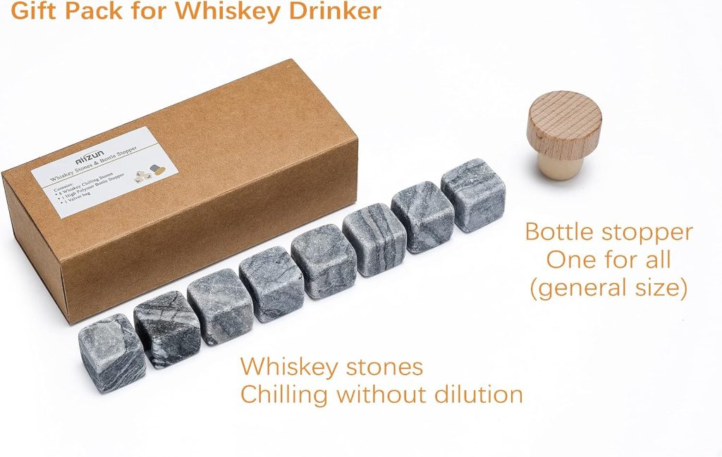 Whisky Stones, Set of 8 Scotch Rocks with Bottle Stopper, The Starter Pack for Whisky/Scotch/Bourbon Drinker, Gift Idea for Christmas/Birthday/Fathers Day - Aiizun