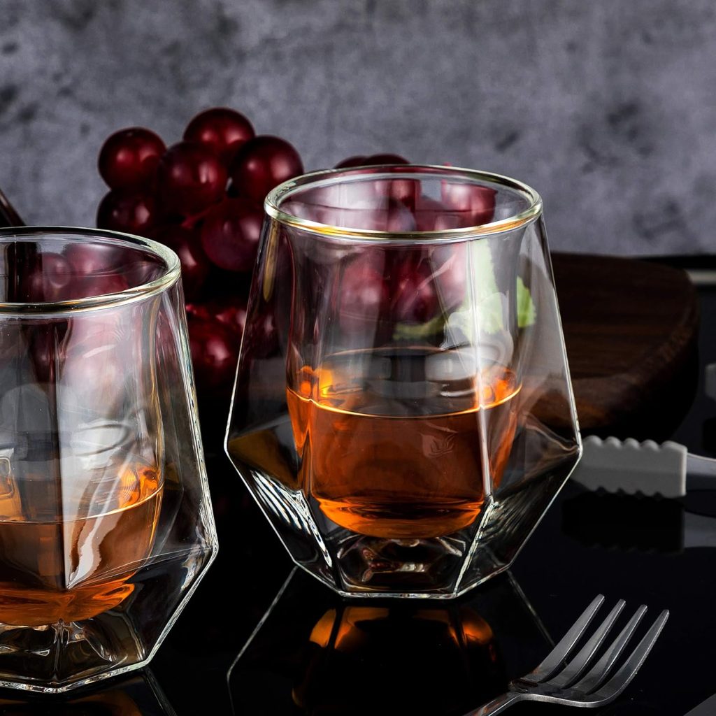 YouYah Whiskey Glasses Set of 2 - Double Walled Crystal Whisky Glasses with 4 Stainless Steel Ice Cubes  Tong,Rocks Glass,Gifts for Men,Lowball Bar Glass for Brandy,Cocktail,Vodka,Bourbon(6.7oz)