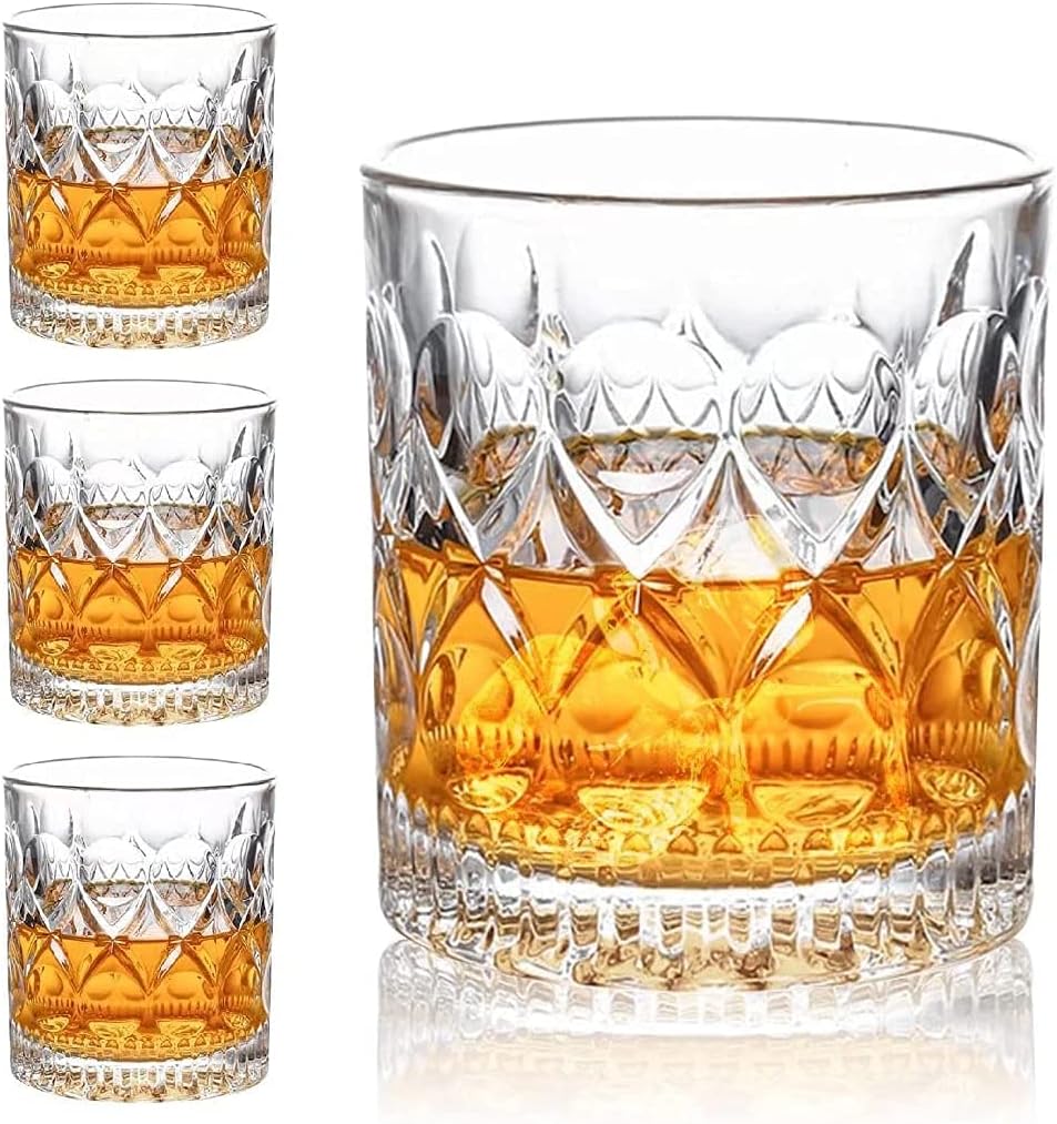 Aoeoe Whiskey Glasses Set of 4, 11 OZ Old Fashioned Glasses, Bourbon Glasses, Premium Scotch Glasses, Rocks Glasses, Cocktail Glasses, Clear Rum Glasses, Bar Glasses, Whiskey Glasses for Men