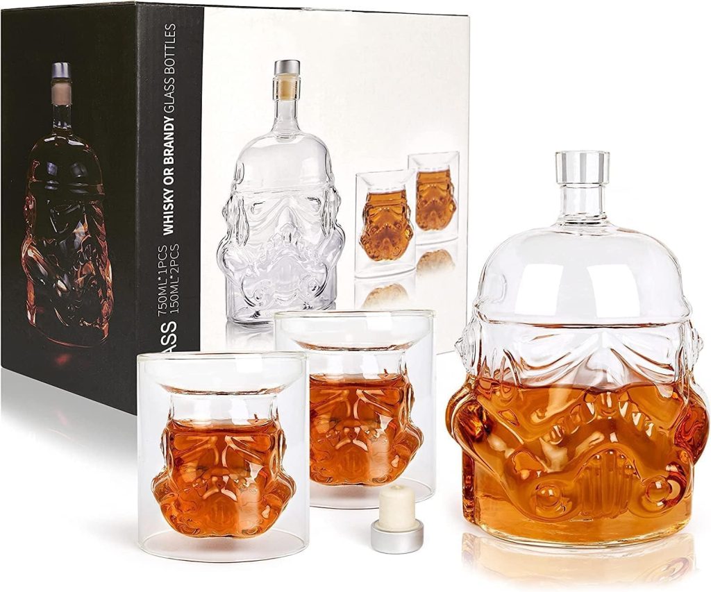 AUTIORE Whisky Decanter Set Transparent Creative With 2 Glasses, Whisky Carafe for Wine, Vodka, Scotch, Bourbon, Liquor, 1 x Flask Carafe Decanter 750ml With 2 Glasses 150ml, Gifts for Dad, Husband.