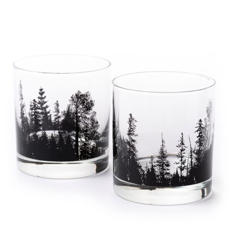 Black Lantern Whiskey Glasses – Forest Landscape Cocktail Glasses - Set of 2 Glasses - Old Fashioned Rock Glass Set - 11oz. Tumbler Glass