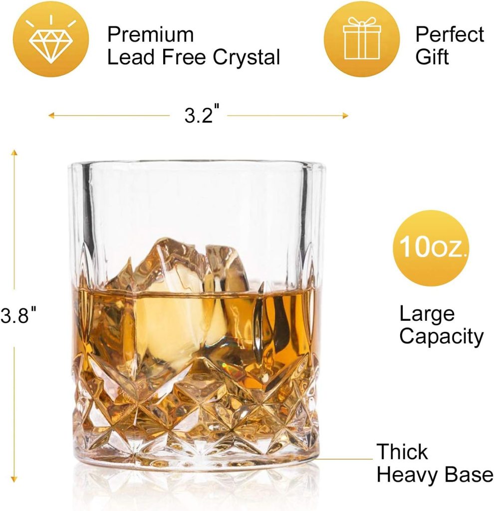 DeeCoo Crystal Old Fashioned Whiskey Glasses (Set of 4), 11 Oz Unique Bourbon Glass, Ultra-Clarity Double Old Fashioned Liquor Vodka Bourbon Cocktail Scotch Tumbler Bar Glasses Set