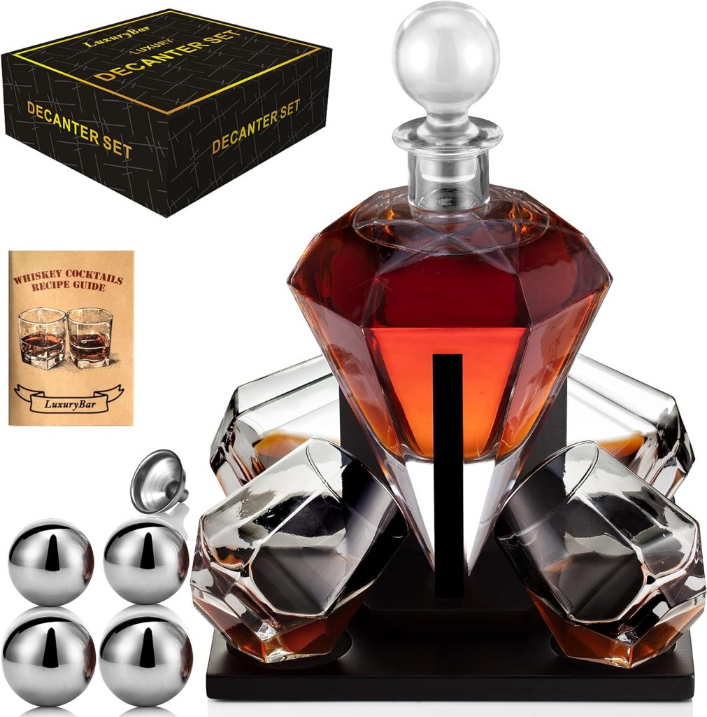 Diamond Whiskey Decanter Sets for Men with ChillBall Tray,Whiskey Decanter Set Liquor Dispenser Bourbon Decanter Whiskey Set Gifts for Men