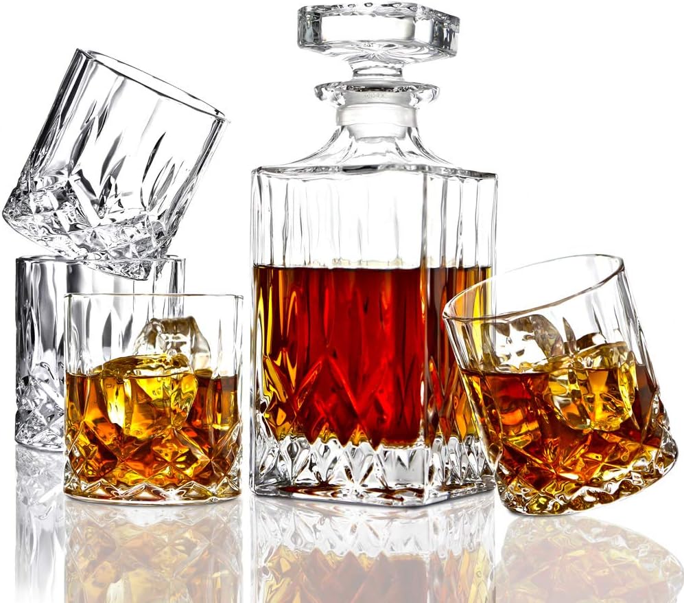 ELIDOMC 5PC Italian Crafted Glass Whiskey Decanter  Whiskey Glasses Set, Crystal Decanter Set With 4 Double Old Fashioned Glasses, 100% Lead Free Whiskey Glassware
