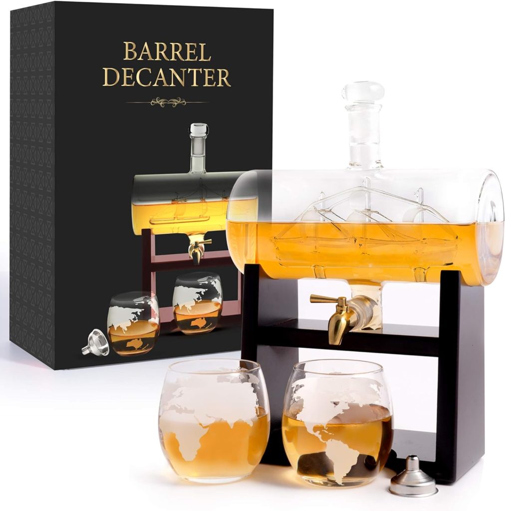flybold Whiskey Decanter Set - Glass Set Antique Barrel Ship Decanter Handblown Gifts for men Includes Stand 1160ml Dispenser 2 Whiskey Globe Glasses for Scotch Bourbon Wine Rum Tequila