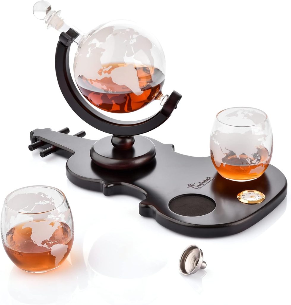 GESHANK Whiskey Decanter Set – Globe Decanter NEW Violin Shaped Stand with Watch – Liquor Decanter with 2 Etched Drinking Glasses and Bar Funnel – Beautiful Gift Packaging – Included Gift Card – 850ml