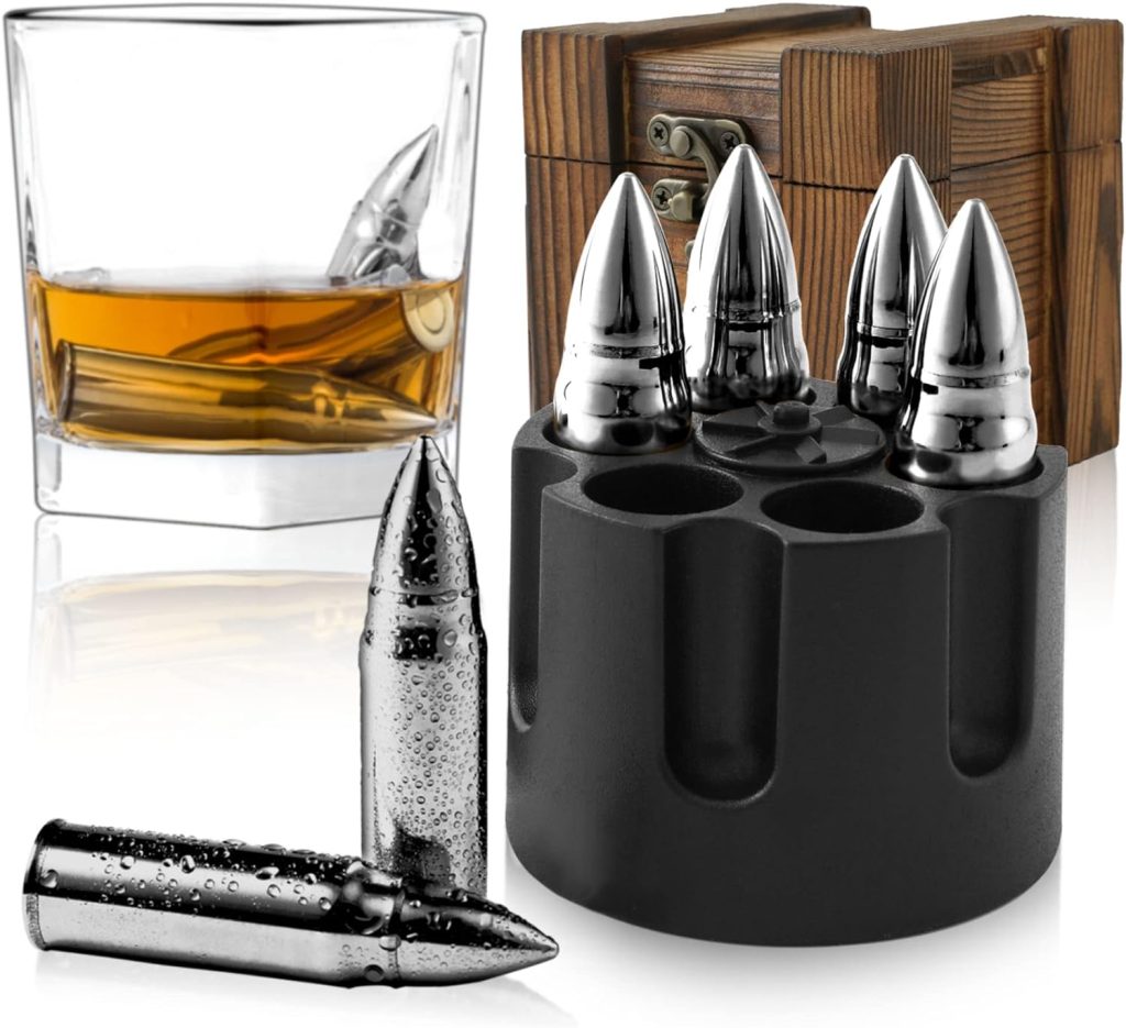 Gift for Fathers Day from Daughter Son Wife, Unique Whiskey Stones Bullets for Him Husband Grandpa Brother Anniversary Birthday, Cool Man Cave Gadgets Retirement Presents | Silver
