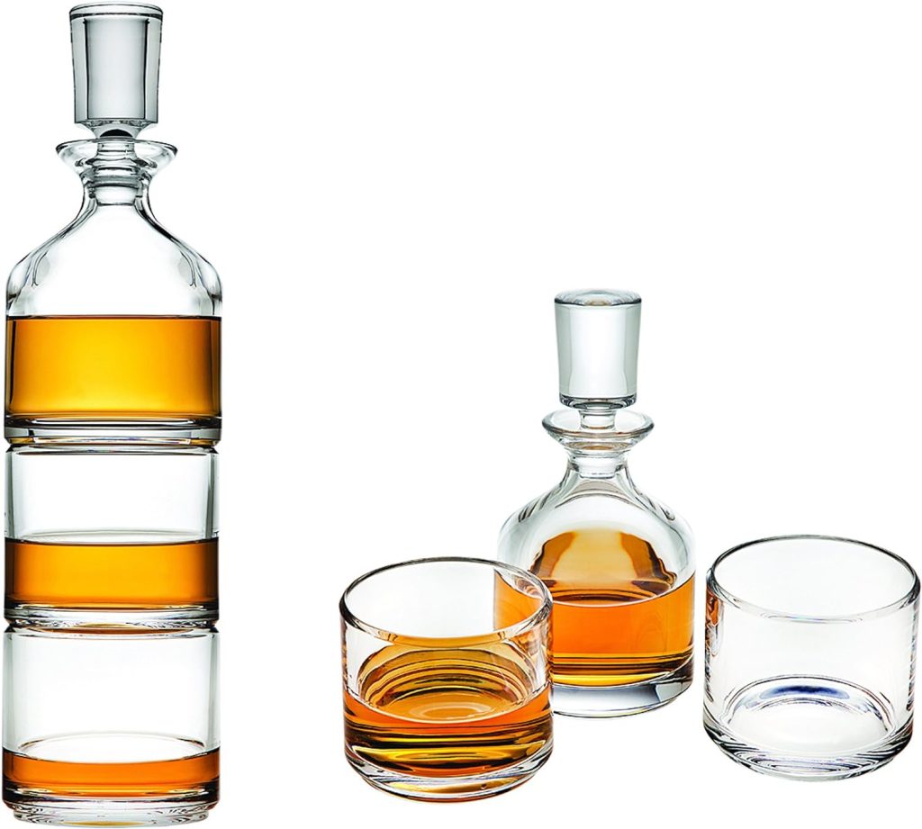 Godinger Stackable Whiskey Decanter and Whisky Glasses 3 pc set, for Liquor Scotch Bourbon or Wine