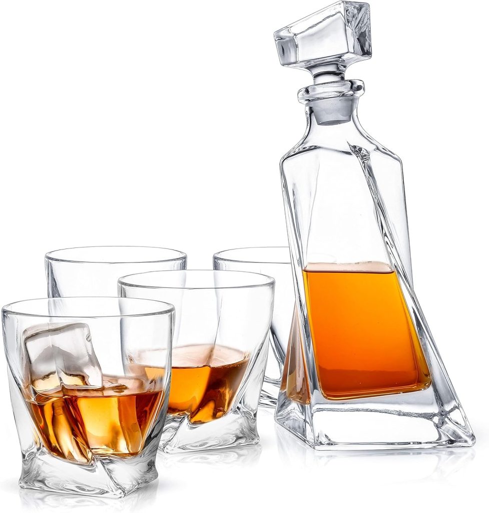 JoyJolt Atlas 5-Piece Crystal Whiskey Decanter Set,100% Crystal Bar Set, Crystal Decanter Set Comes With A Scotch Decanter-22 Ounces And A Set Of 4 Old Fashioned Whiskey Glasses-10.8 Ounces.