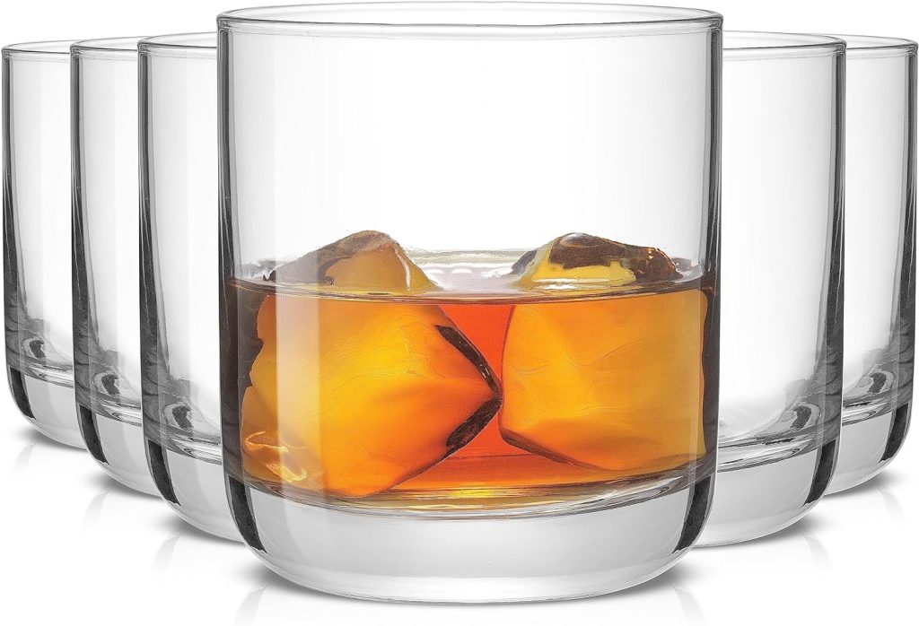 JoyJolt Faye Crystal Whiskey Glasses. Lowball Glasses Set of 6, 10oz Short Glass Tumbler - Double Old Fashioned Rocks Glass for Scotch or Bourbon Dishwasher Safe Glassware.