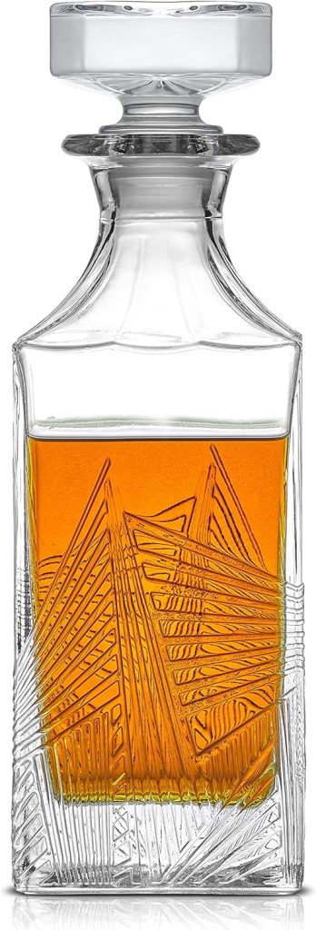 JoyJolt Gatsby Glass Whiskey Decanter. 27 oz Airtight Liquor Dispenser. Liquor Decanter with Stopper. Art Deco Bottle for Whisky, Bourbon, Scotch, Brandy, Cognac, Rum and Bar Cart Accessories