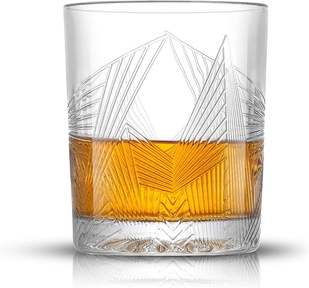 JoyJolt Gatsby Whiskey Decanter and 6PC Glasses Set. 27 oz Airtight Glass Decanter and Set of 6 Old Fashioned Rocks Glasses for Scotch, Bourbon Whisky, Brandy, Cognac Rum or Whiskey Cocktails