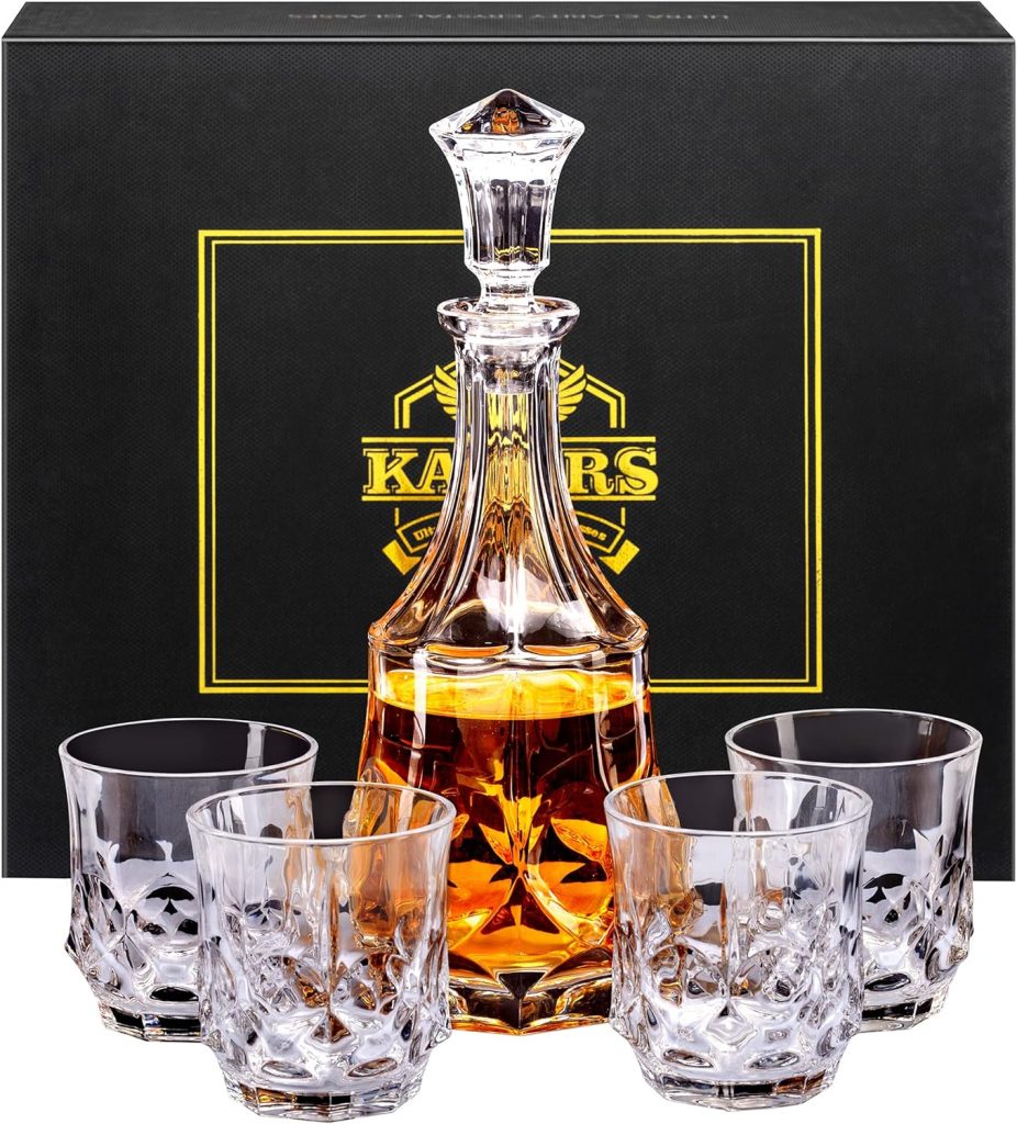 KANARS Whiskey Decanter Sets for Men, 25 Oz Liquor Decanter with 10 Oz Crystal Glasses in Luxury Box for Bourbon Scotch Rum Tequila Vodka, Whisky Gifts for Fathers Day Birthday Wedding