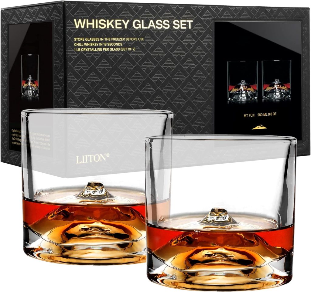 LIITON Mount Fuji Japanese Mountain Crystal Bourbon Whiskey Glasses Gift Set of 2, Heavy Freezable Old Fashioned Cocktail Glass Tumbler, Premium Luxury Gift for Men, Groomsman, 10 oz