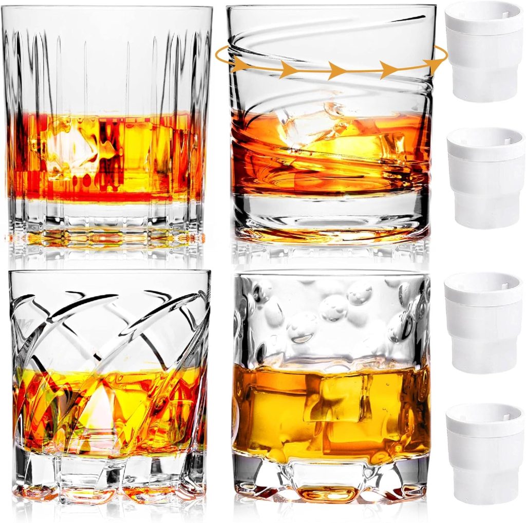 LURRIER Whiskey Glass set of 4,Old Fashioned Whiskey Glasses,10 oz Crystal Whiskey Glass for Scotch,Bourbon,4 Patterns Spinning Whiskey Glass Set,Whiskey Glasses gift with 4 Ice Molds Gift for Men