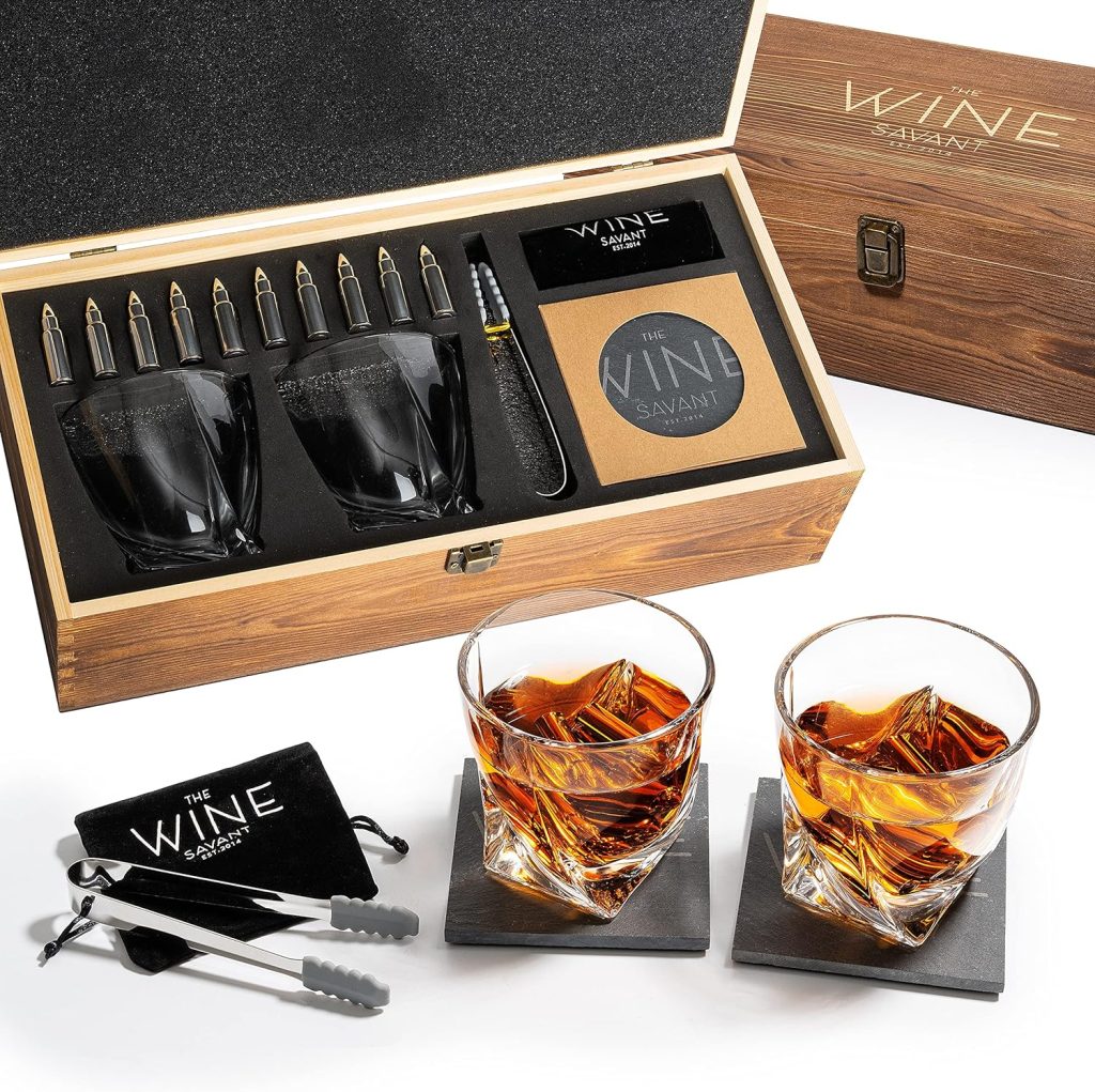 Luxurious Bar Gift Set - 2 Whiskey Glasses + 10 Bullets Chilling Stainless-Steel Whiskey Rocks - Slate Stone Coasters  Tongs - Set in Premium Wood Box by The Wine Savant - Birthday Gift - 11 oz Glass