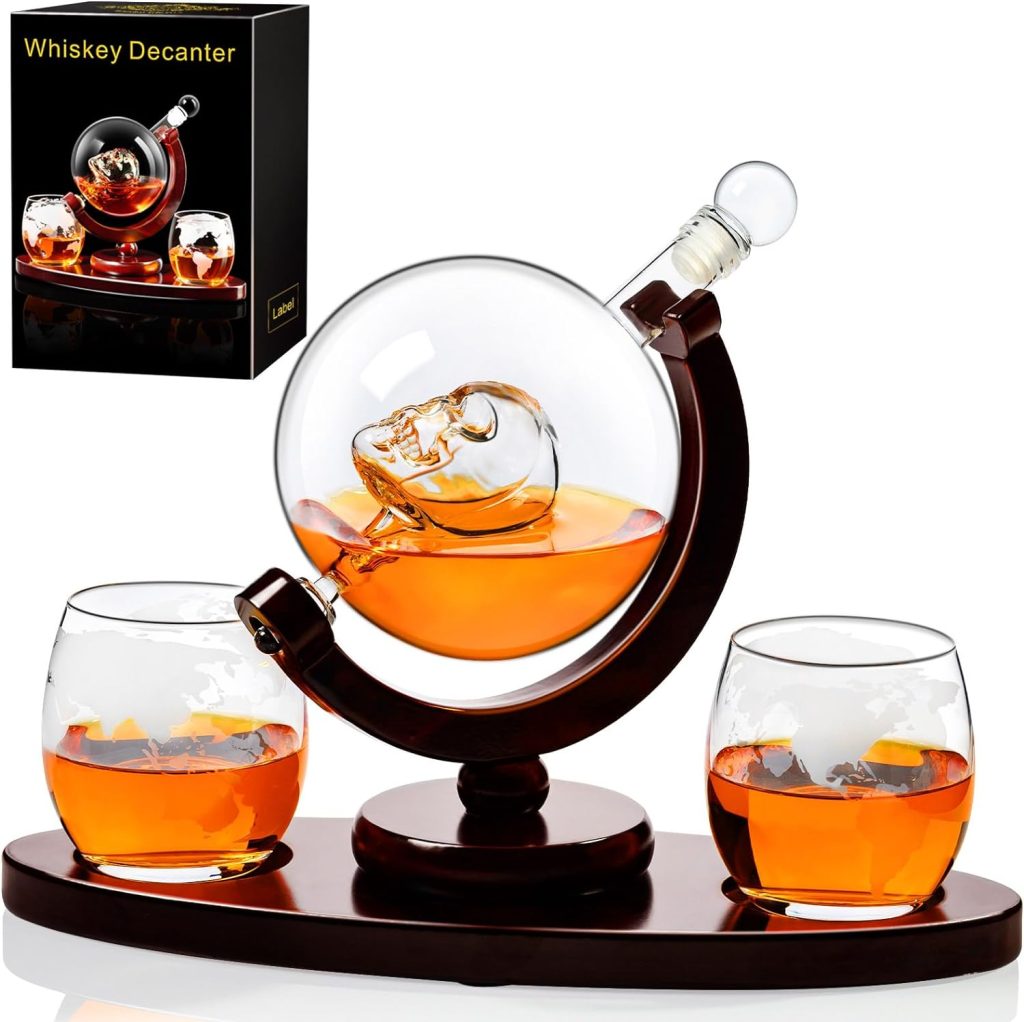 PARACITY Skull Whiskey Decanter Sets for Men, Whiskey Decanter Set with Glasses  Wooden Base, Whiskey Gifts for Bourbon, Liquor, Vodka, Valentines Day Gifts for Him, 850ml/29oz Skull Decanter