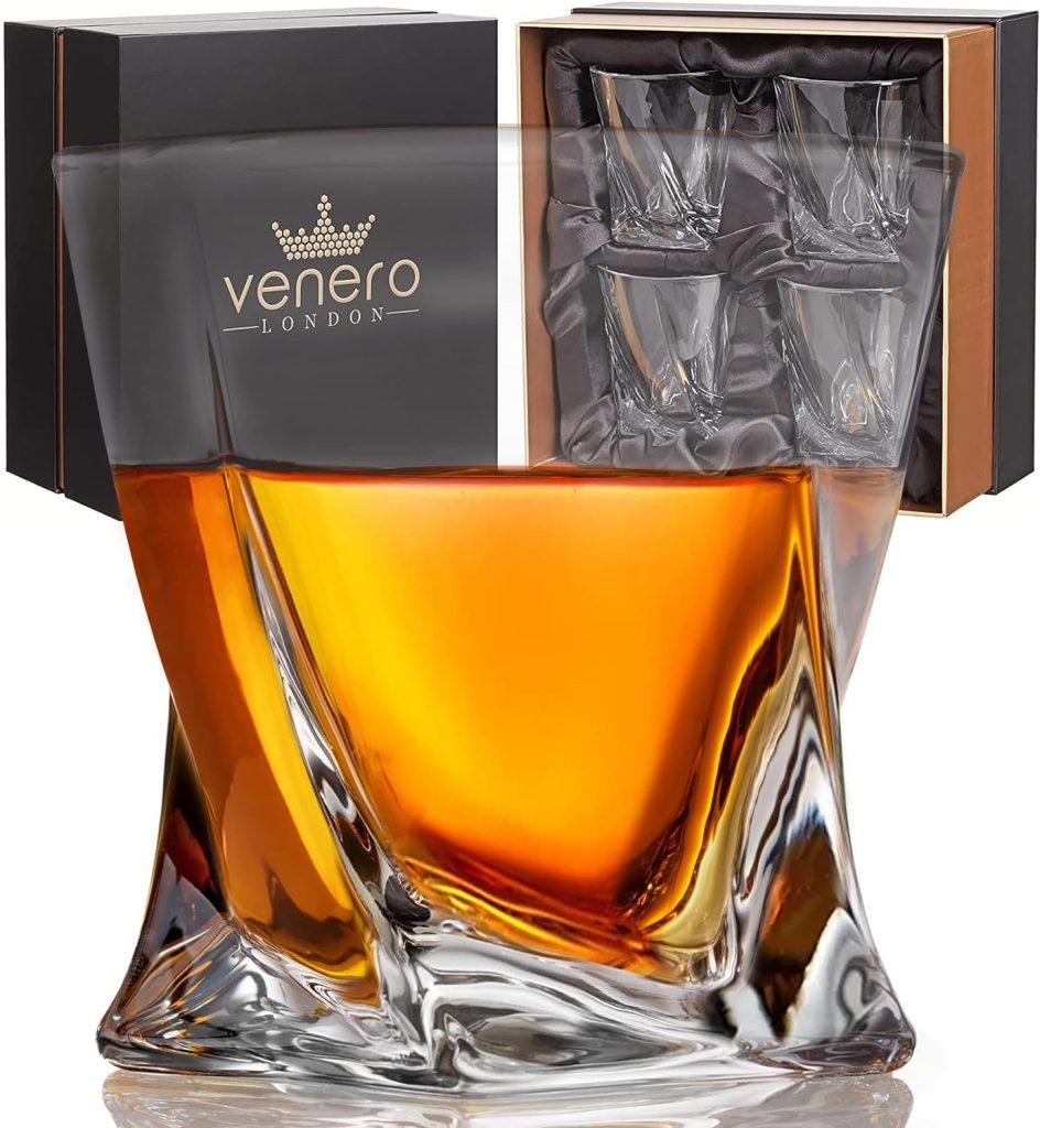 Venero Crystal Whiskey Glasses, Gift Set of 4 Bourbon Glasses in Luxury Satin-Lined Gift Box - 10 oz Scotch Glass Tumblers - Rocks Glasses for Drinking Bourbon, Scotch Whisky, Cocktails, Cognac