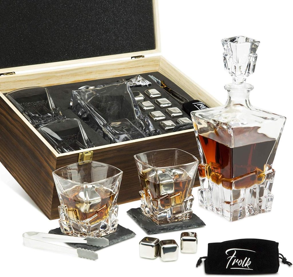 Whiskey Decanter and Stones Gift Set for Men - Whiskey Decanter, 2 Rocks Whiskey Glasses, 8 Stainless Steel Whisky Cubes, 2 Slate Coasters, Special Tongs  Freezer Pouch in Pinewood Gift Box