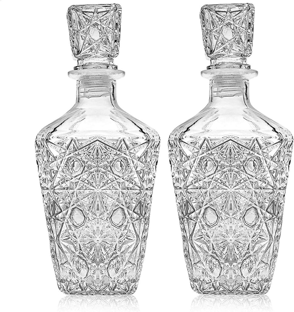 Whiskey Decanter – Elegant Liquor Decanter Set – Glass Liquor Bottle for Whiskey, Tequila and Brandy – Sophisticated Sparkling Design – Set of 2 Premium Decanters for Alcohol
