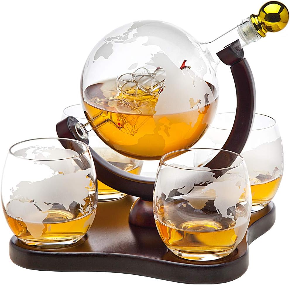 Whiskey Decanter Globe Set with 4 Etched Globe Whisky Glasses for Liquor, Scotch, Bourbon, Vodka, Gifts for Men - 850ml Clear