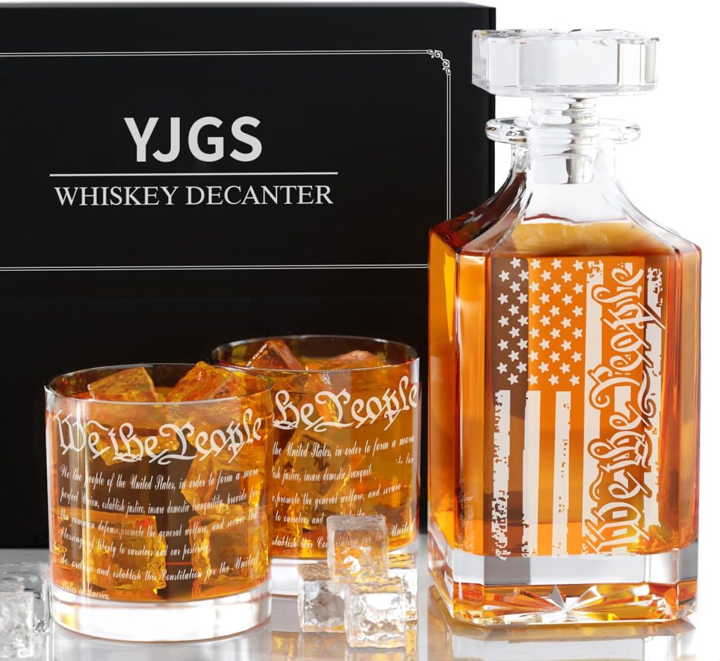 Whiskey Decanter Set for Men, We The People Decanter Set with Glasses, Engraved American Flag Decanter for Liquor Bourbon Gifts for Men Unique Birthday Fathers Day Gifts for Men Dad