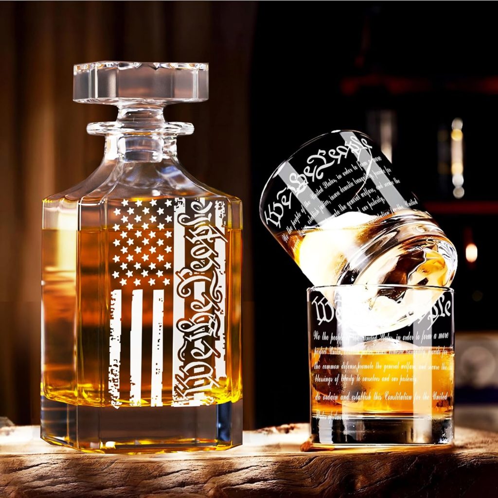Whiskey Decanter Set for Men, We The People Decanter Set with Glasses, Engraved American Flag Decanter for Liquor Bourbon Gifts for Men Unique Birthday Fathers Day Gifts for Men Dad